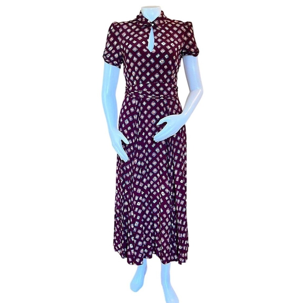 Polo Ralph Lauren Geo Print Keyhole Midi Dress 6 Maroon Burgundy Preppy Classic